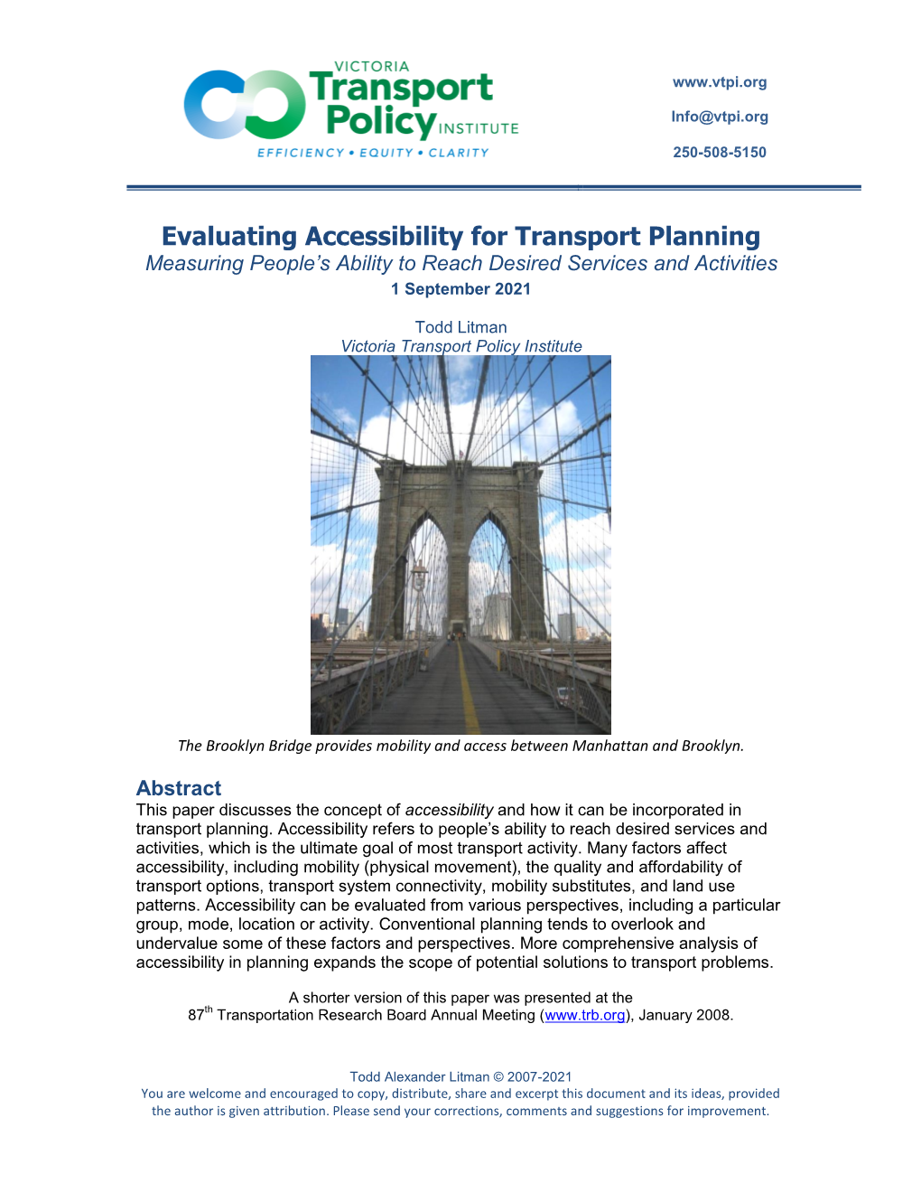 Evaluating Accessibility for Transport Planning Measuring People’S Ability to Reach Desired Services and Activities 1 September 2021