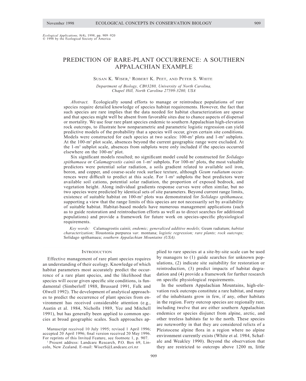 Prediction of Rare-Plant Occurrence: a Southern Appalachian Example