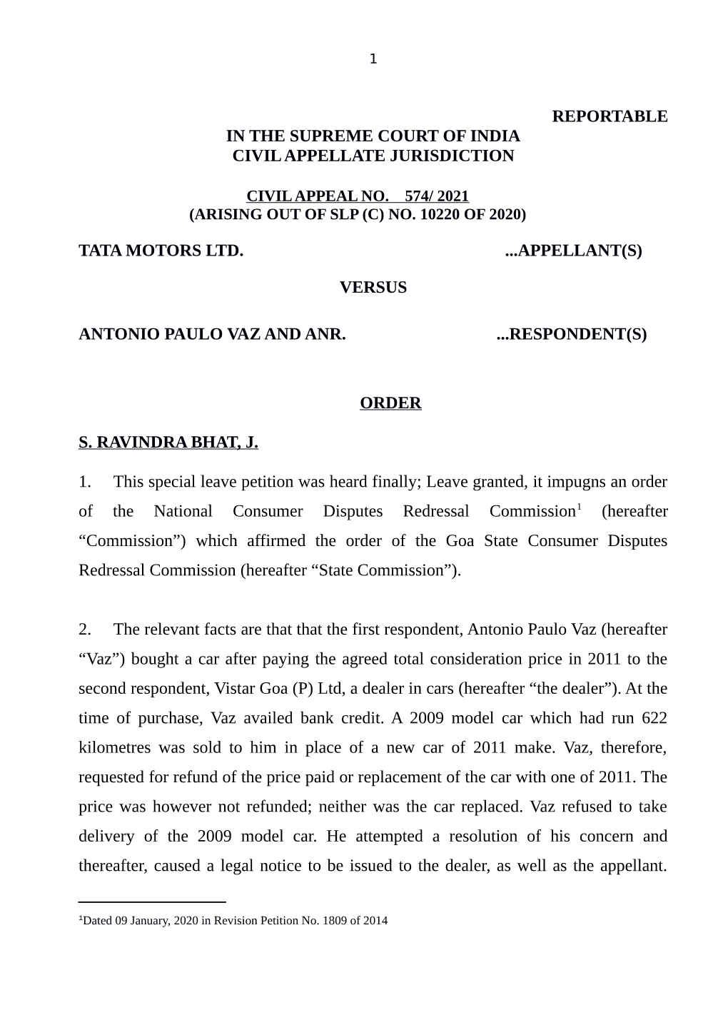 Reportable in the Supreme Court of India Civil Appellate Jurisdiction Tata Motors Ltd...Appellant(S) Versus Antonio Paulo