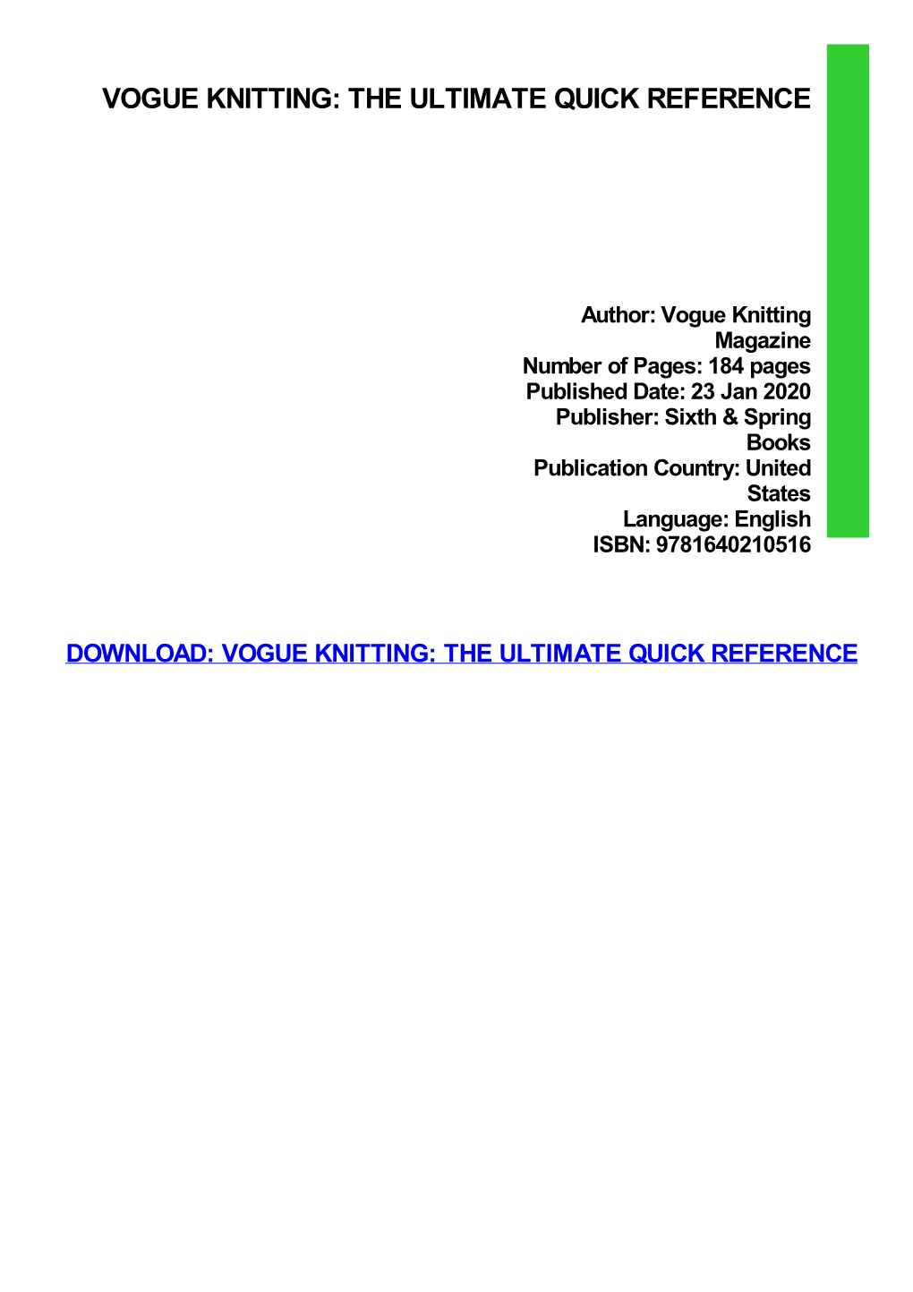 Vogue Knitting: the Ultimate Quick Reference Download Free