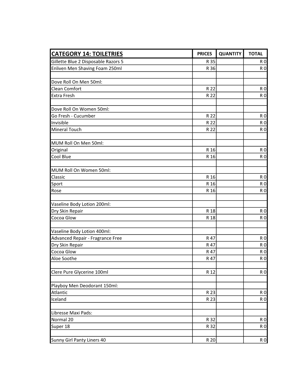 CATEGORY 14: TOILETRIES PRICES QUANTITY TOTAL Gillette Blue 2 Disposable Razors 5 R 35 R 0 Enliven Men Shaving Foam 250Ml R 36 R 0