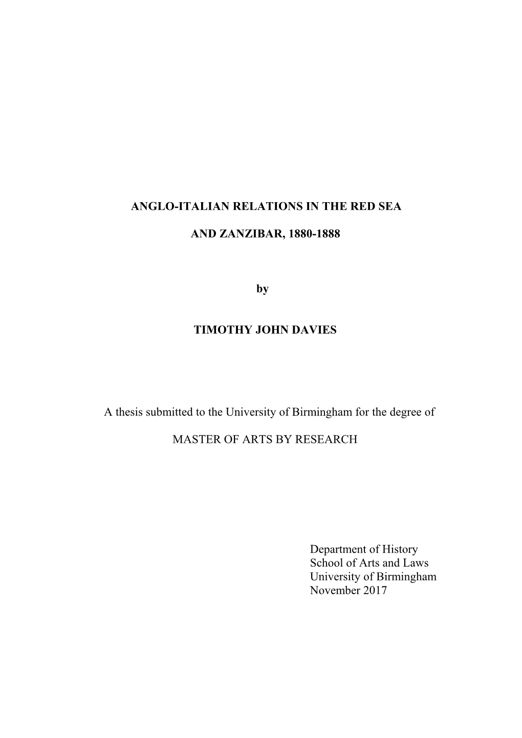 Anglo-Italian Relations in the Red Sea and Zanzibar, 1880-1888