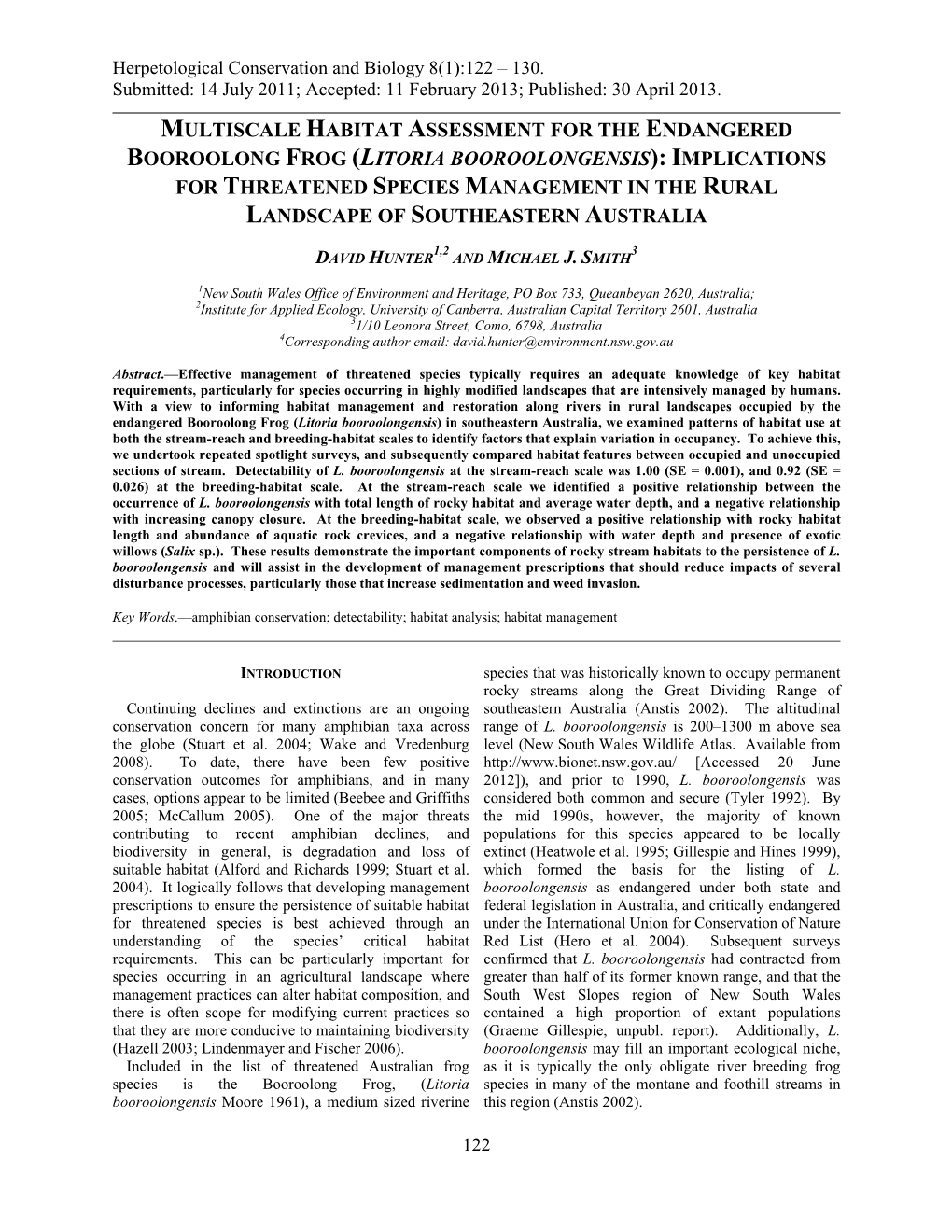 Litoria Booroolongensis): Implications for Threatened Species Management in the Rural Landscape of Southeastern Australia