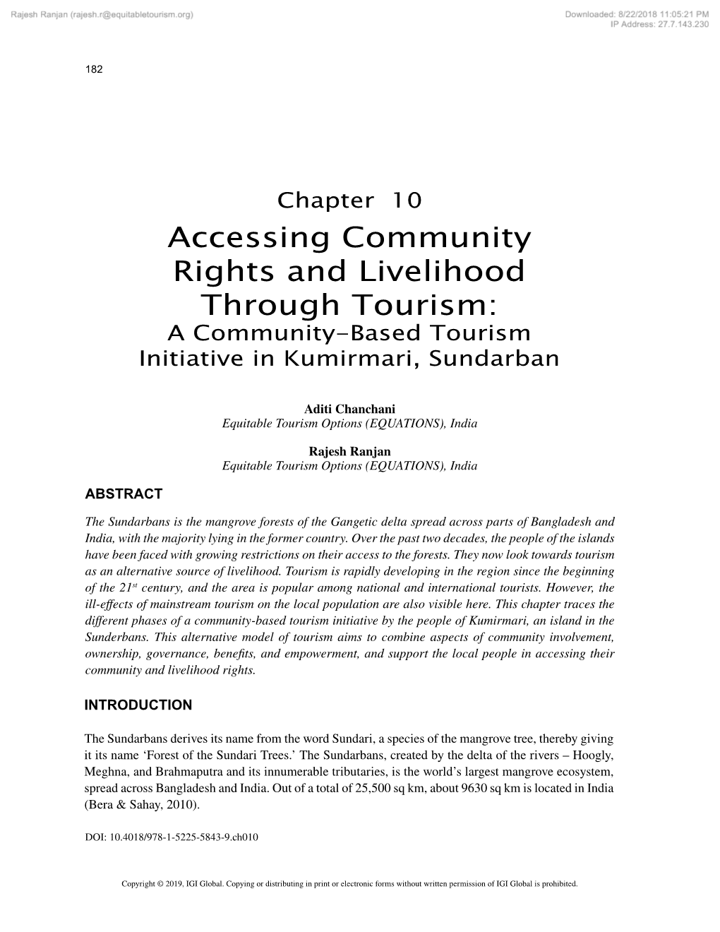 Accessing Community Rights and Livelihood Through Tourism: a Community-Based Tourism Initiative in Kumirmari, Sundarban