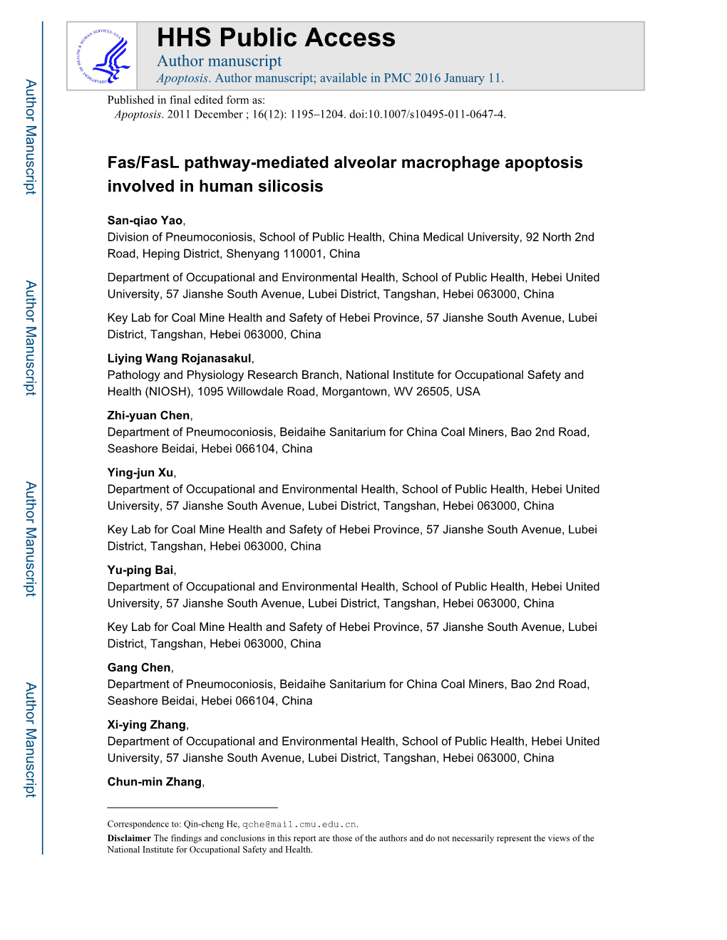 Fas/Fasl Pathway-Mediated Alveolar Macrophage Apoptosis Involved in Human Silicosis