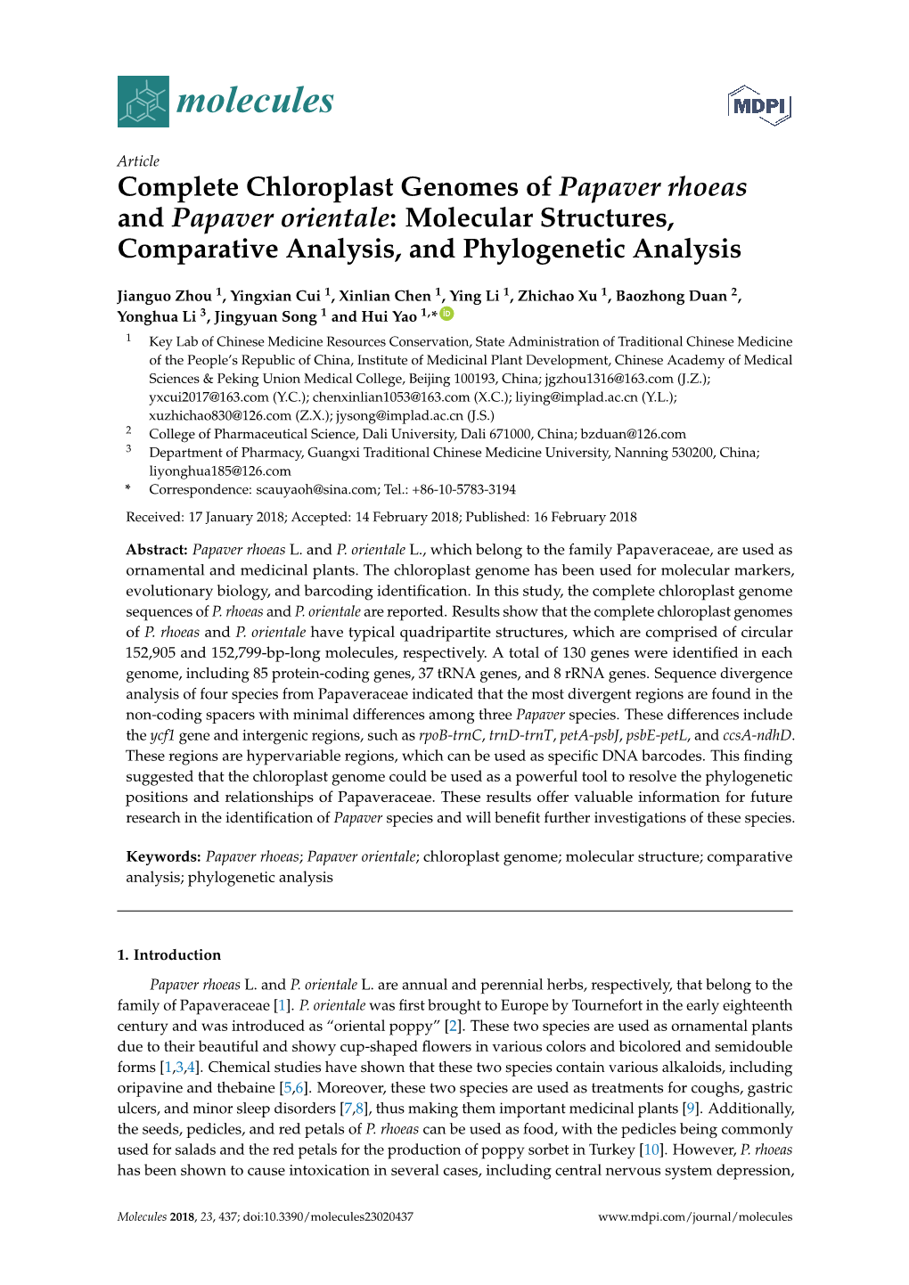 Complete Chloroplast Genomes of Papaver Rhoeas and Papaver Orientale: Molecular Structures, Comparative Analysis, and Phylogenetic Analysis