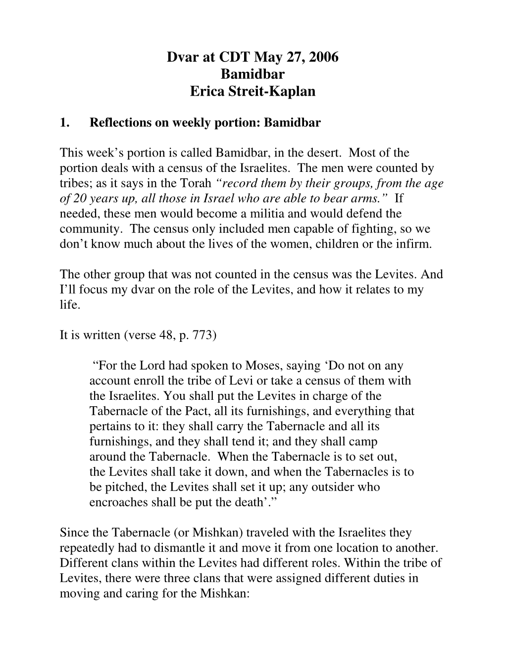 Dvar at CDT May 27, 2006 Bamidbar Erica Streit-Kaplan