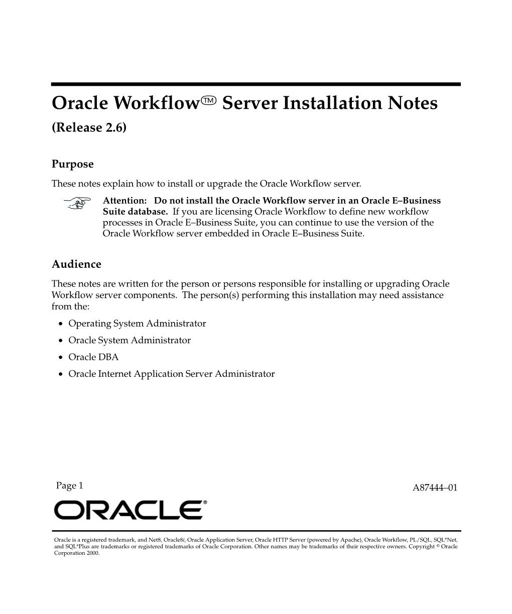 Oracle Workflow Server Installation Notes, Release