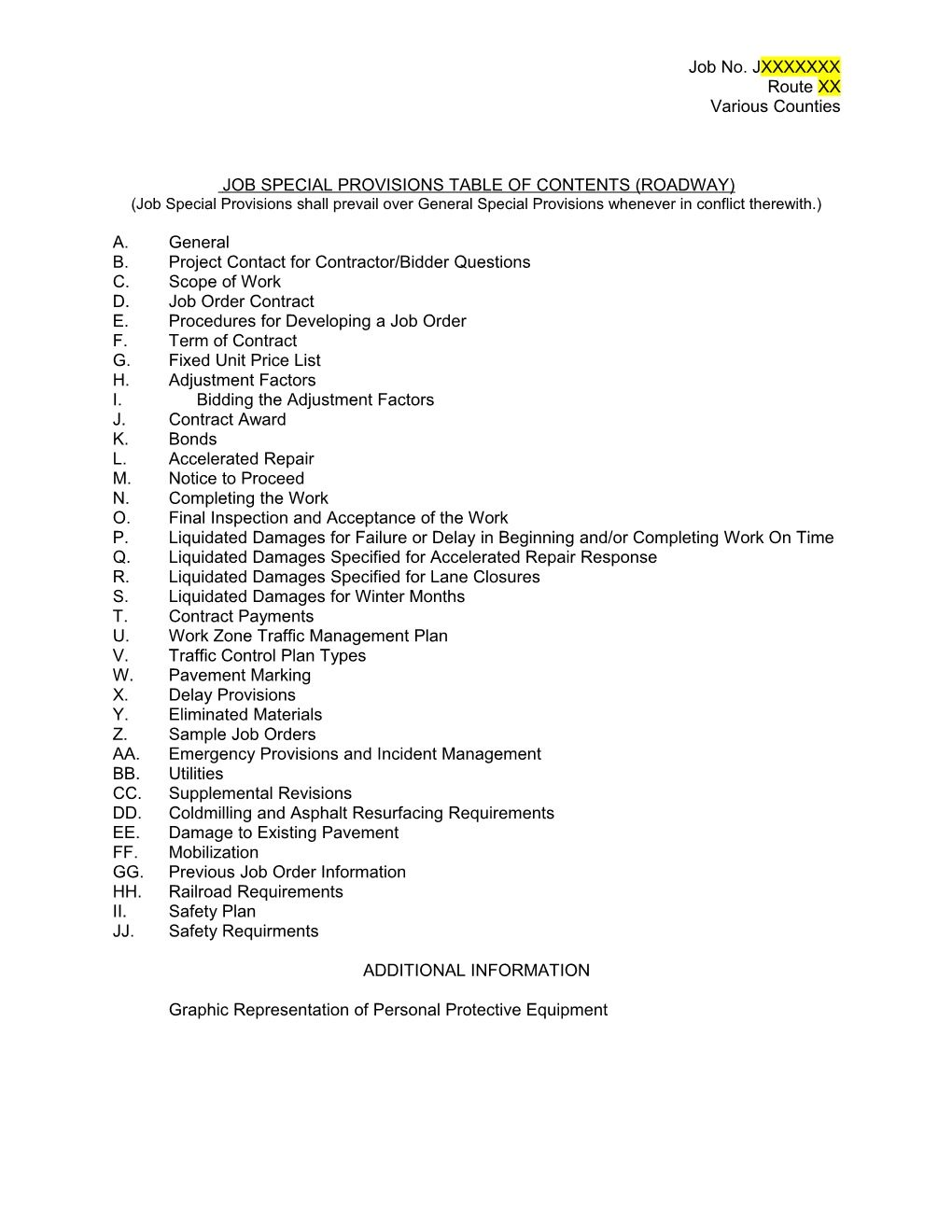 Job Special Provisions Table of Contents (Roadway) s1