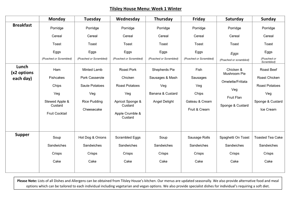 Menu: Week 1 Winter