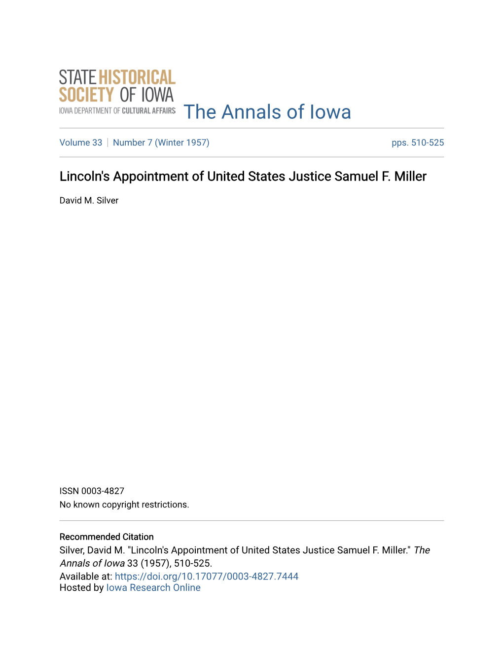 Lincoln's Appointment of United States Justice Samuel F. Miller