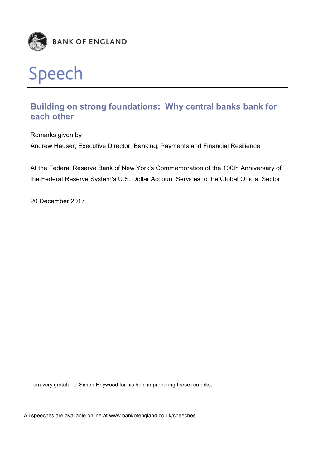 Speech by Andrew Hauser at the New York Federal Reserve Bank