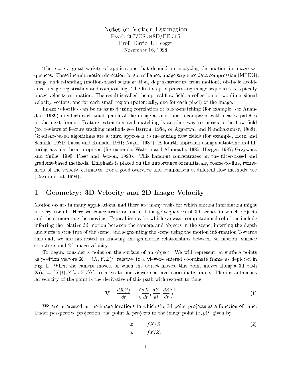 1 Geometry: 3D Velocity and 2D Image Velocity