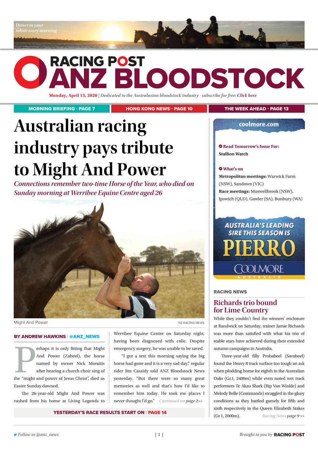 Australian Racing Industry Pays Tribute to Might and Power | 2 | Monday, April 13, 2020