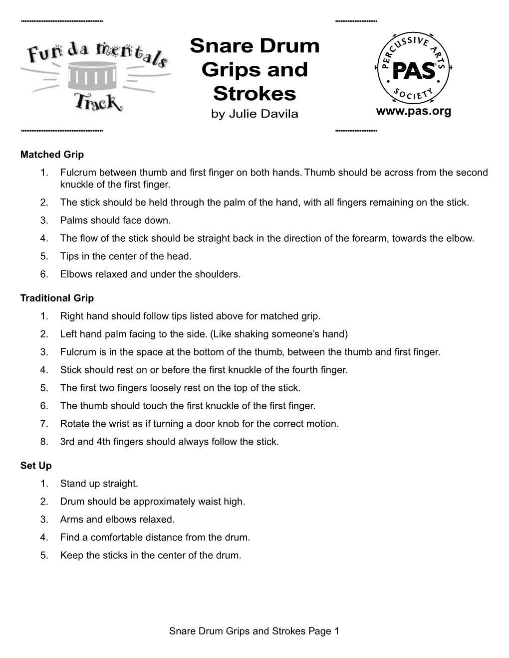 Snare Drum Grips and Strokes Page 1