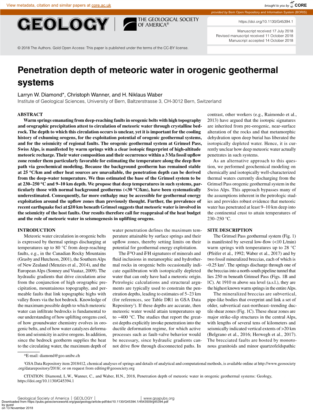 Penetration Depth of Meteoric Water in Orogenic Geothermal Systems Larryn W
