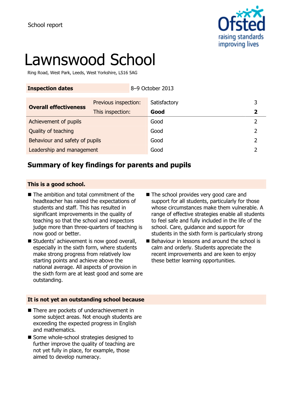 Ofsted Inspection Report October 2013