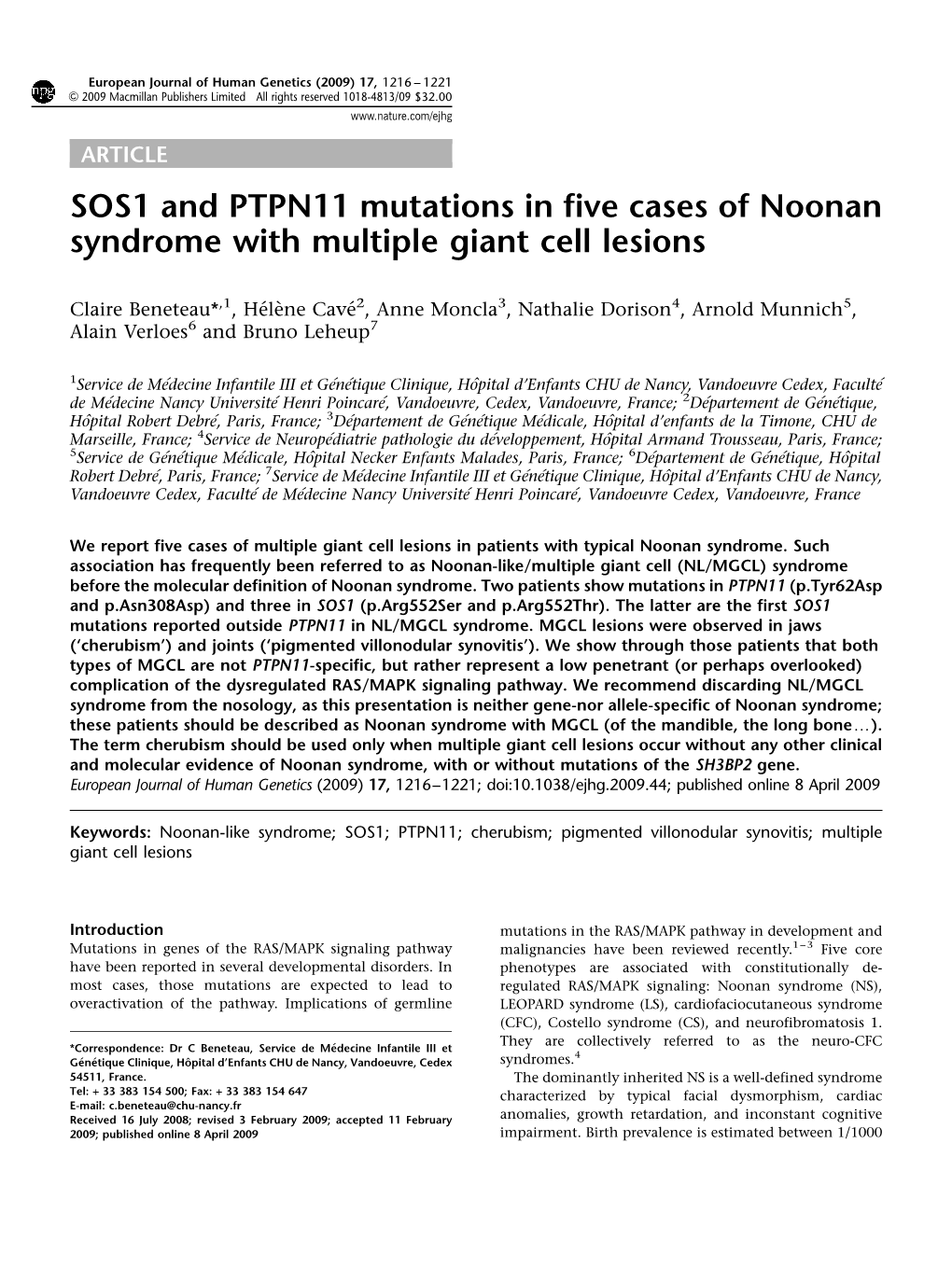SOS1 and PTPN11 Mutations in Five Cases of Noonan Syndrome with Multiple Giant Cell Lesions