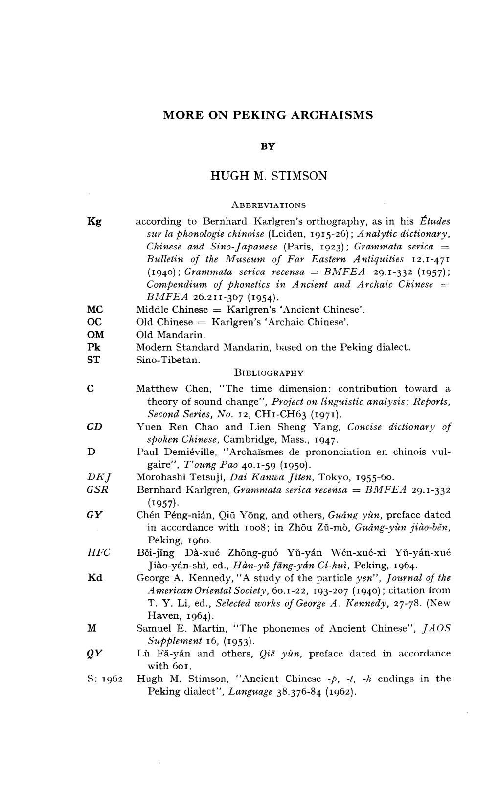 On Peking Archaisms by Hugh M. Stimson Abbreviations