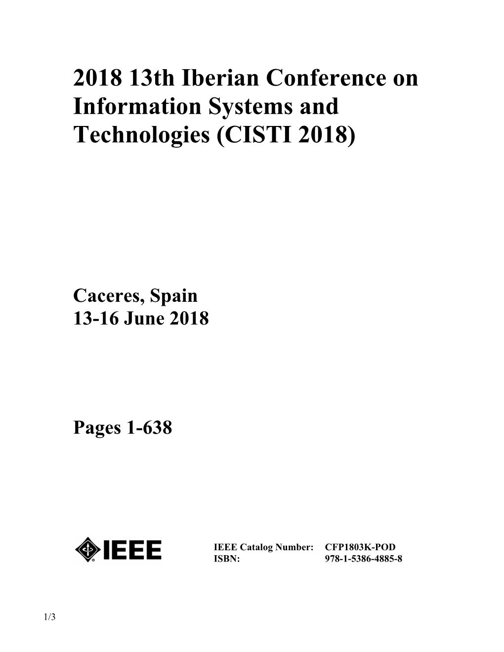 2018 13Th Iberian Conference on Information Systems and Technologies (CISTI 2018)