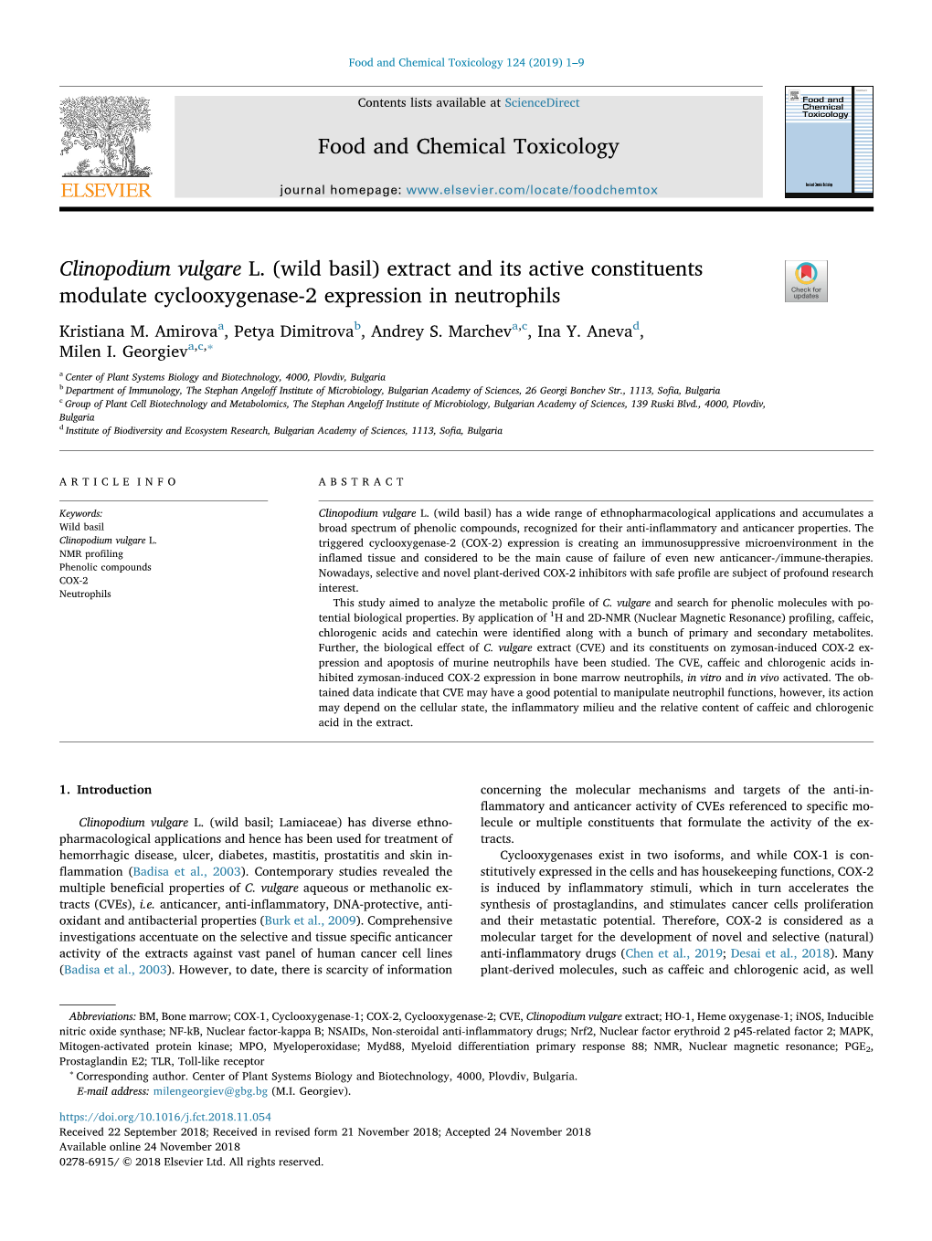 Clinopodium Vulgare L. (Wild Basil) Extract and Its Active Constituents Modulate Cyclooxygenase-2 Expression in Neutrophils T