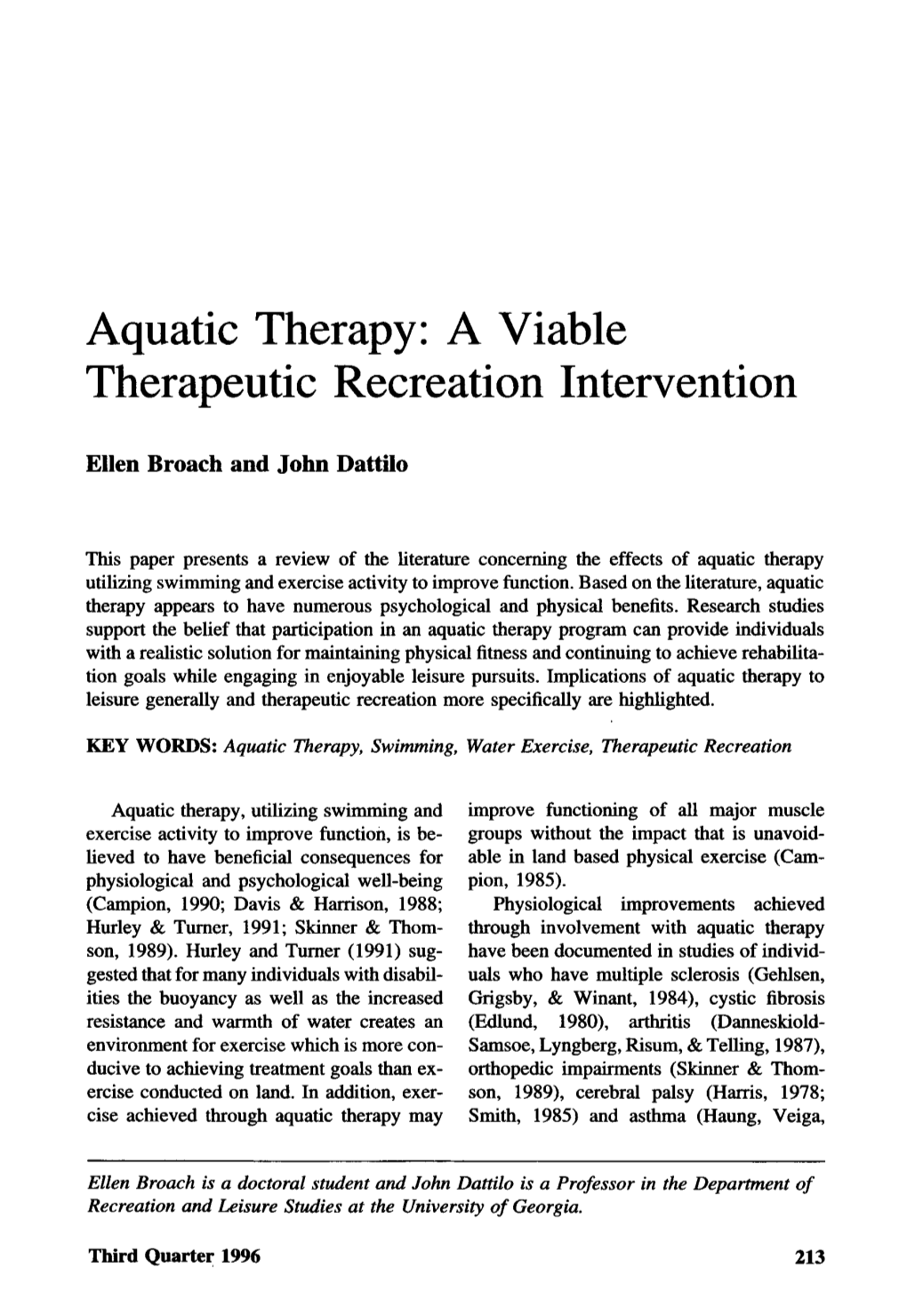 Aquatic Therapy: a Viable Therapeutic Recreation Intervention