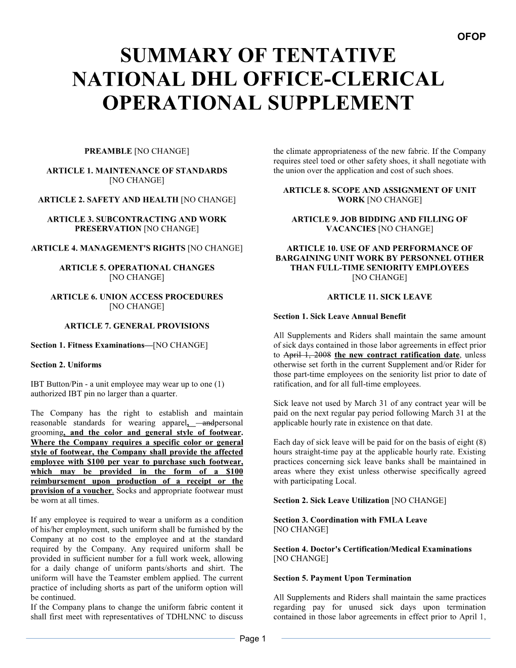 Summary of Tentative National Dhl Office-Clerical Operational Supplement