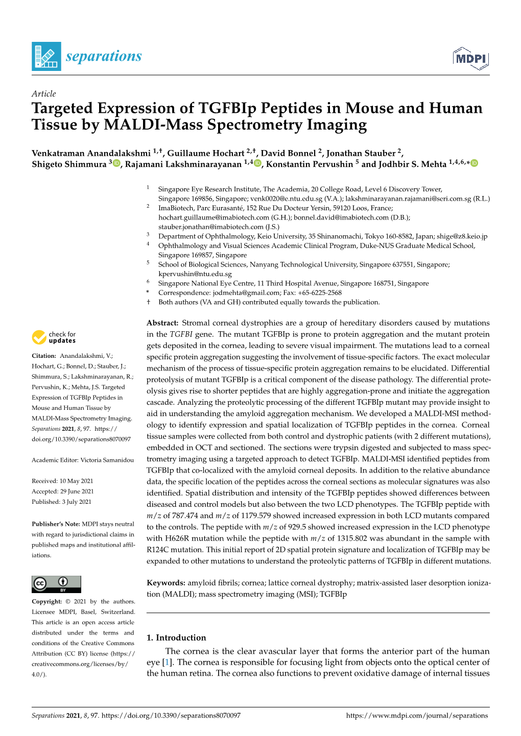 Targeted Expression of Tgfbip Peptides in Mouse and Human Tissue by MALDI-Mass Spectrometry Imaging