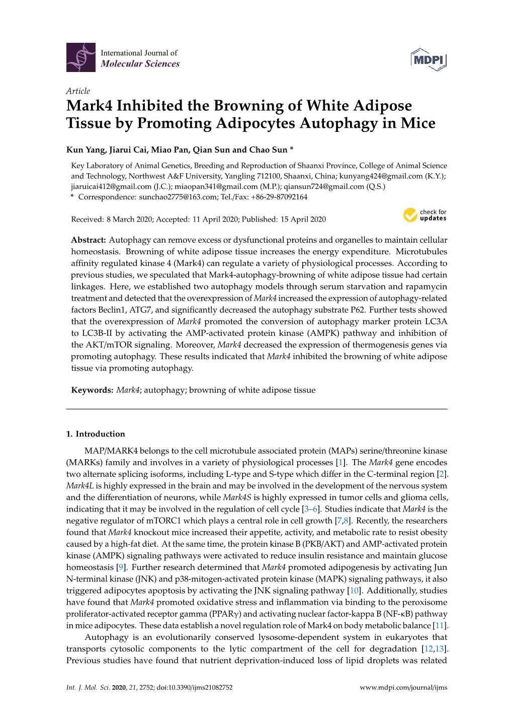 Mark4 Inhibited the Browning of White Adipose Tissue by Promoting Adipocytes Autophagy in Mice