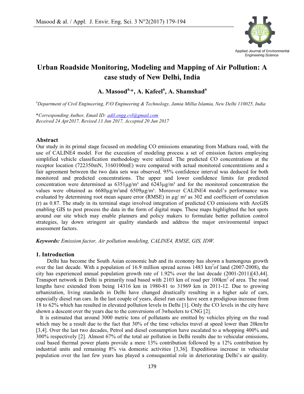 Urban Roadside Monitoring, Modeling and Mapping of Air Pollution: a Case Study of New Delhi, India