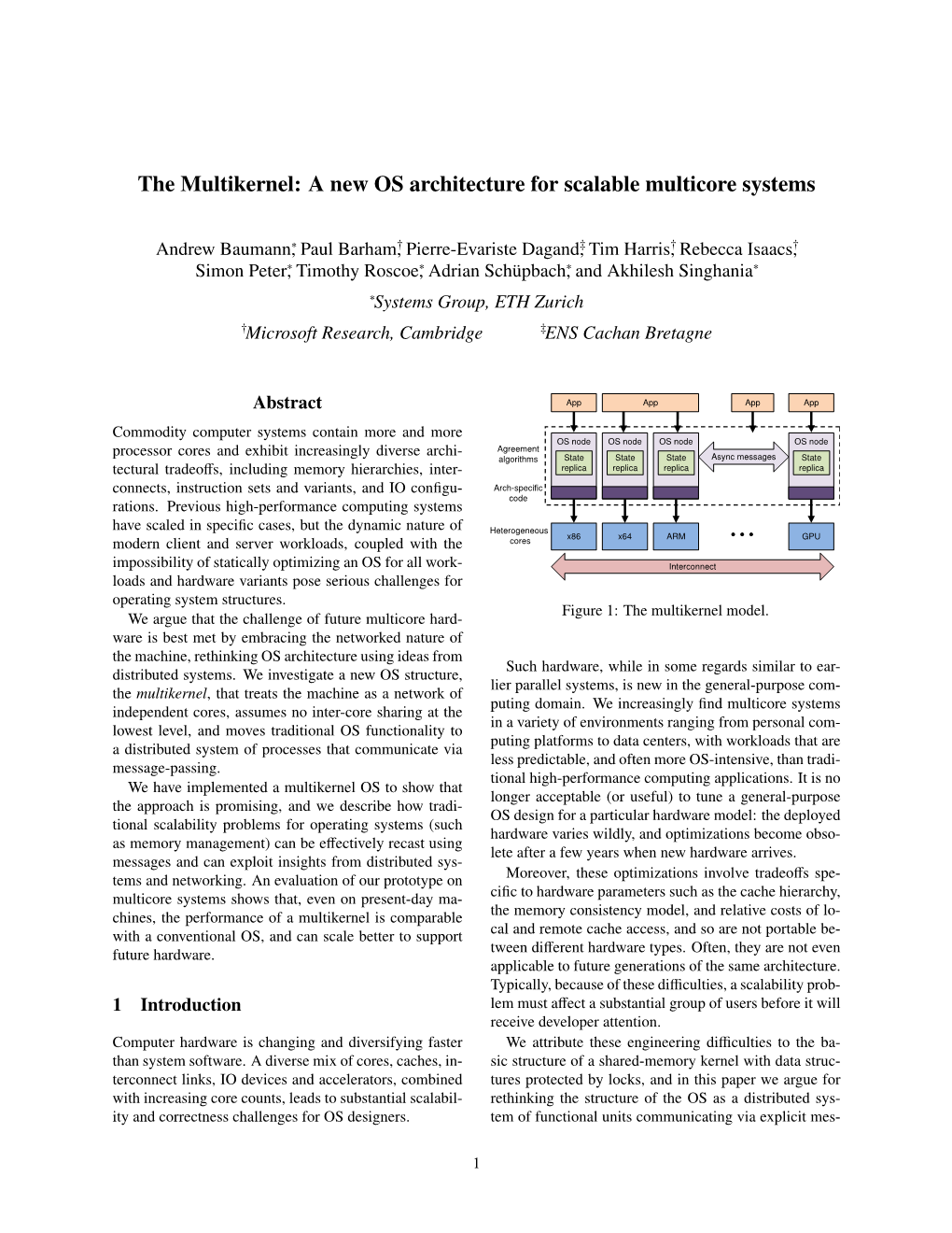 Baumann: the Multikernel: a New OS Architecture for Scalable Multicore