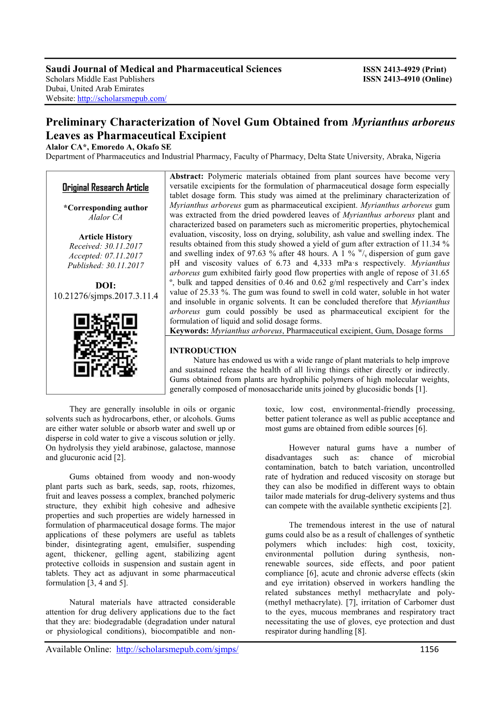 Preliminary Characterization of Novel Gum Obtained from Myrianthus