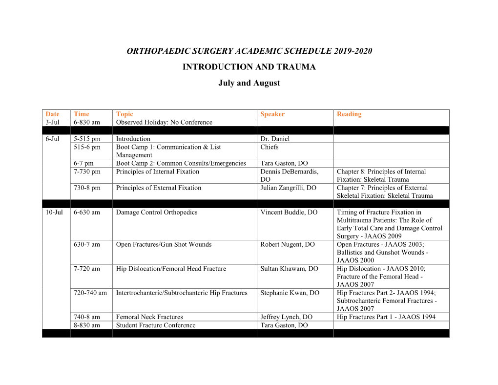 ORTHOPAEDIC SURGERY ACADEMIC SCHEDULE 2019-2020 INTRODUCTION and TRAUMA July and August