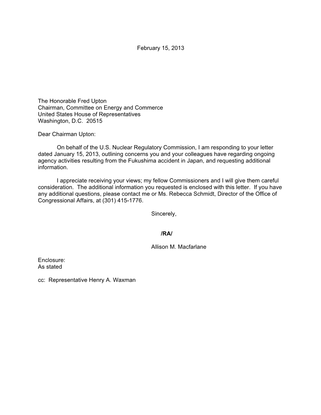 Response Ltr. to Rep. Fred Upton, Et Al. from Chairman Macfarlane