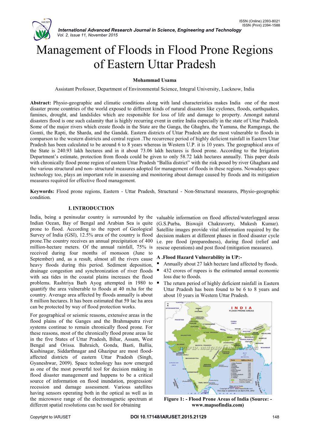 Management of Floods in Flood Prone Regions of Eastern Uttar Pradesh