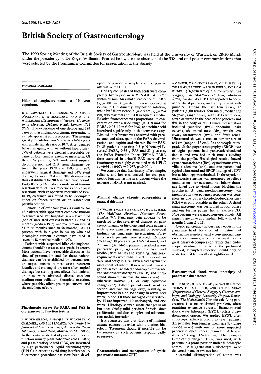 British Society of Gastroenterology Gut: First Published As 10.1136/Gut.31.5.A589 on 1 May 1990