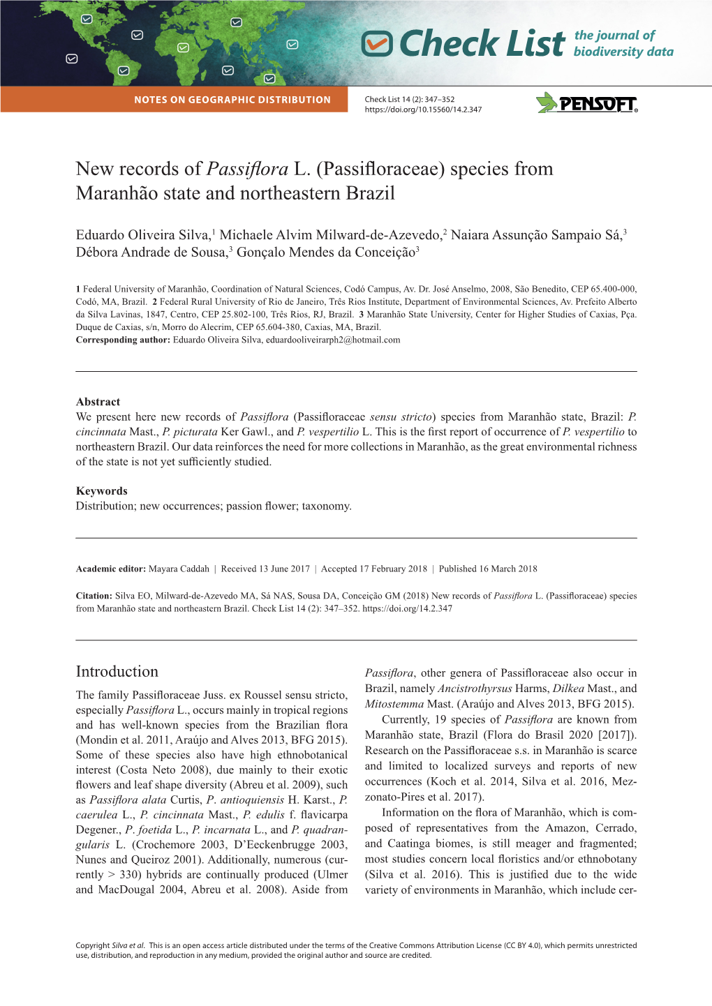New Records of Passiflora L. (Passifloraceae) Species from Maranhão State and Northeastern Brazil