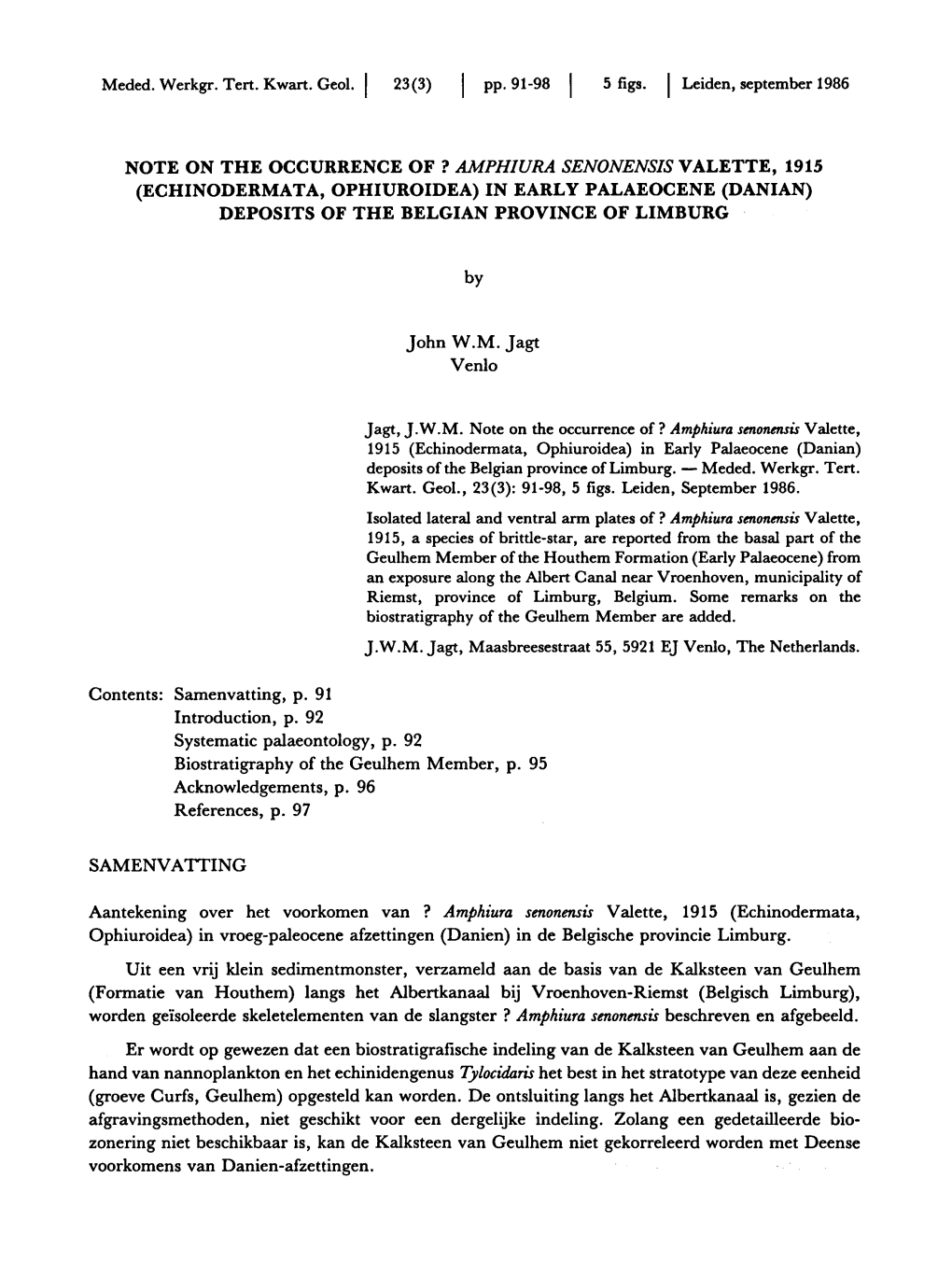 Amphiura Senonensis Valette, 1915 Deposits of The