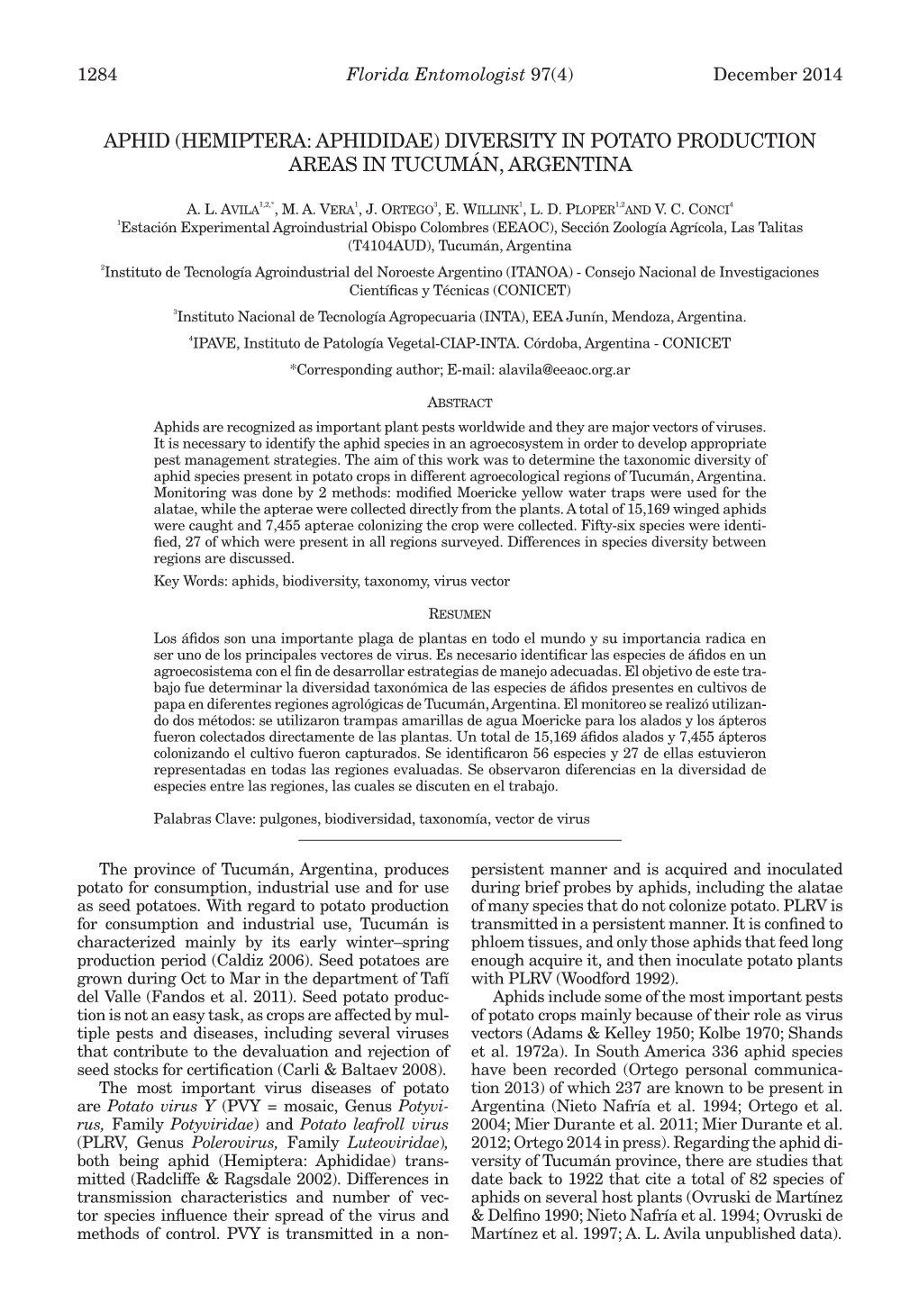 Aphid (Hemiptera: APHIDIDAE) Diversity in Potato Production Areas in TUCUMÁN, Argentina