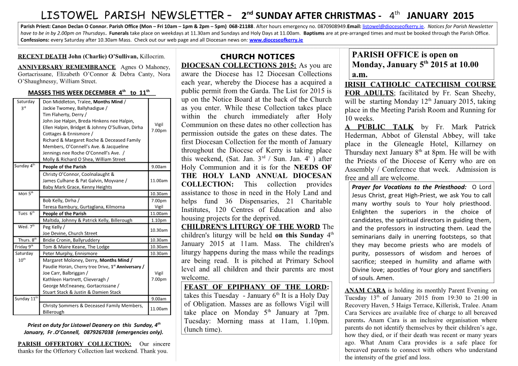 LISTOWEL PARISH NEWSLETTER 2Nd SUNDAY AFTER CHRISTMAS - 4Th JANUARY 2015