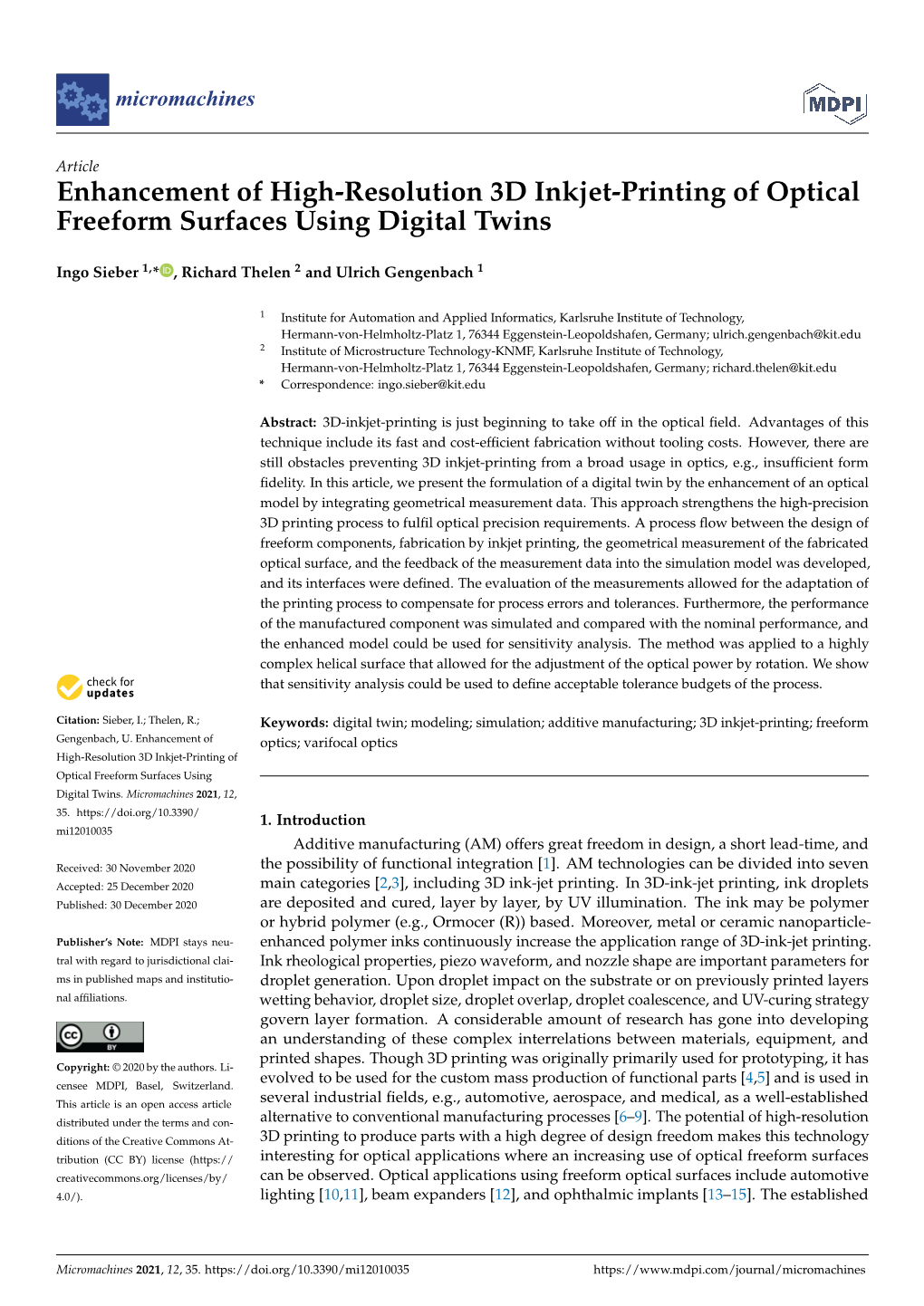 Enhancement of High-Resolution 3D Inkjet-Printing of Optical Freeform Surfaces Using Digital Twins