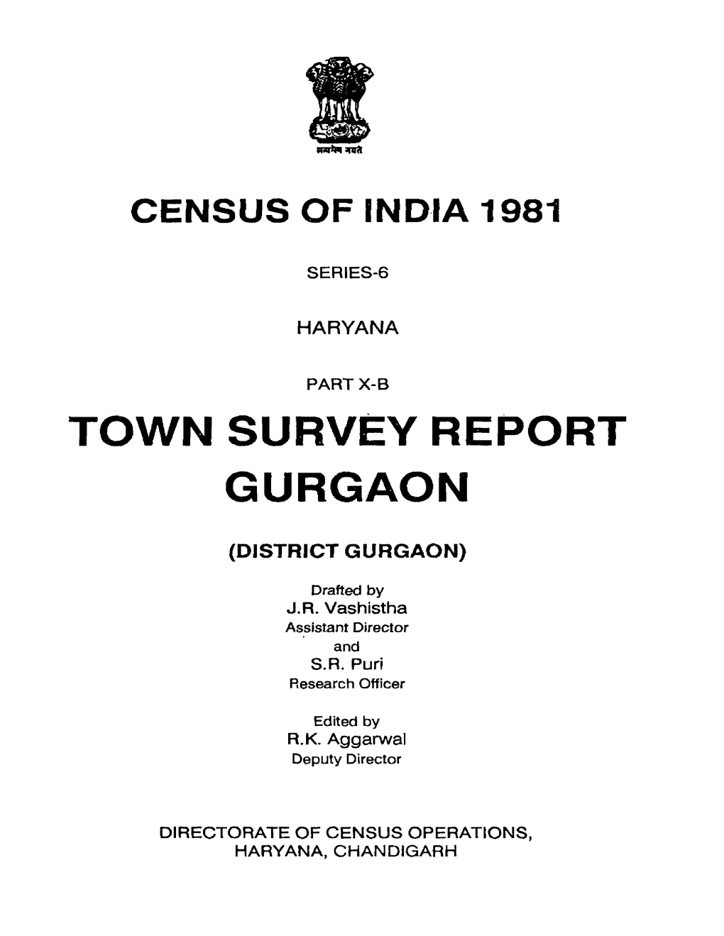 Town Survey Report Gurgaon, Part-X-B, Series-6, Haryana