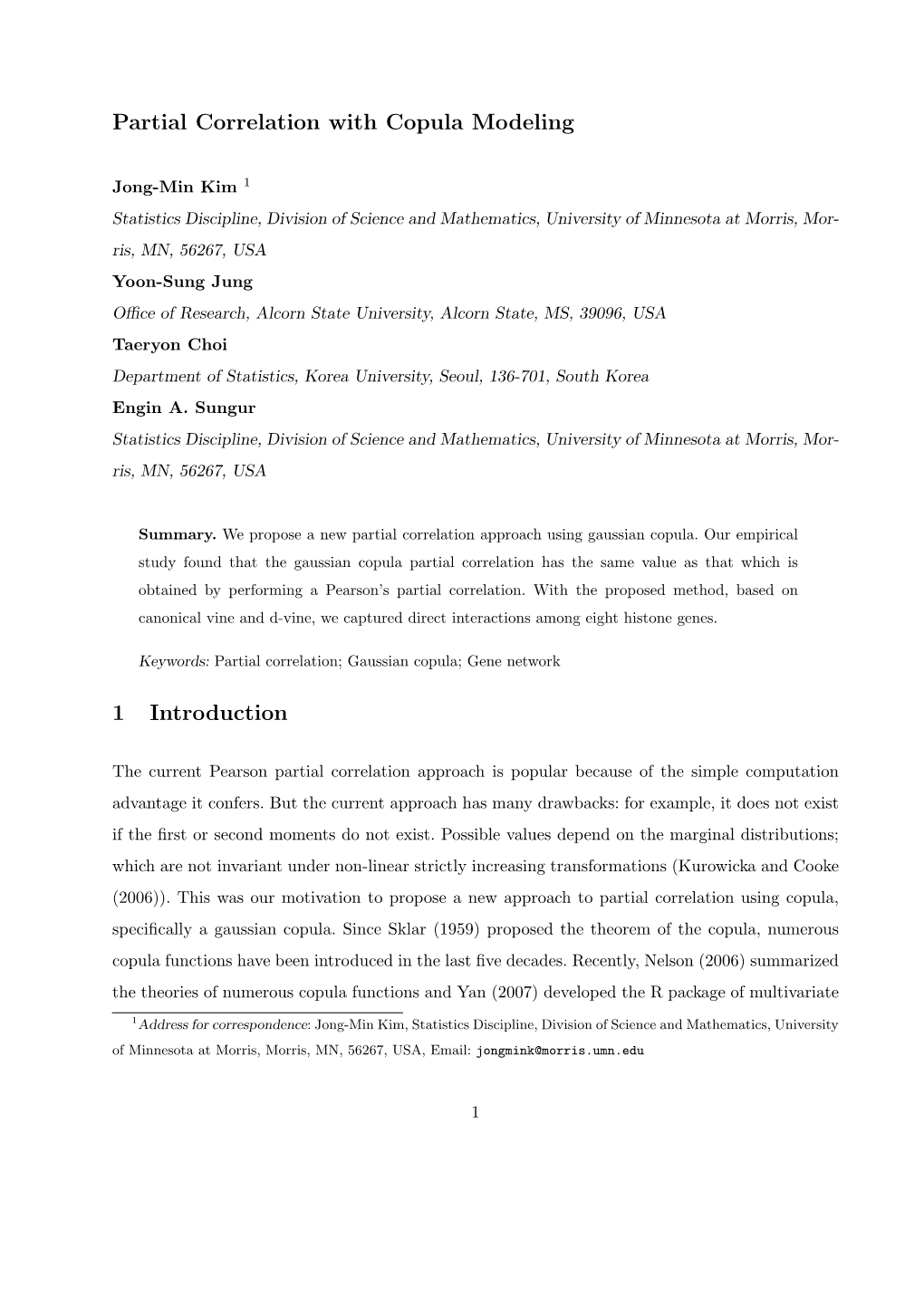 Partial Correlation with Copula Modeling 1 Introduction