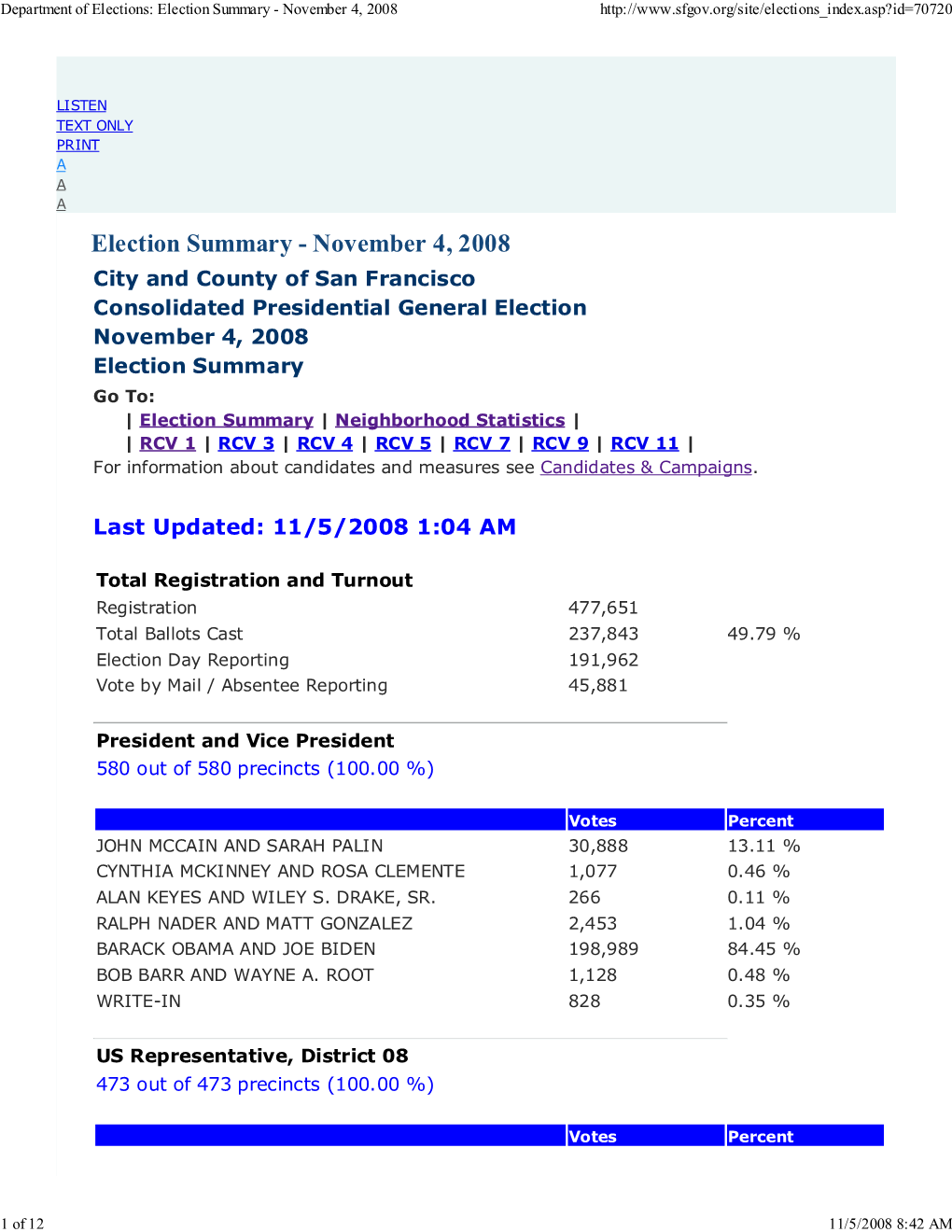 City and County of San Francisco 2008 Election Results