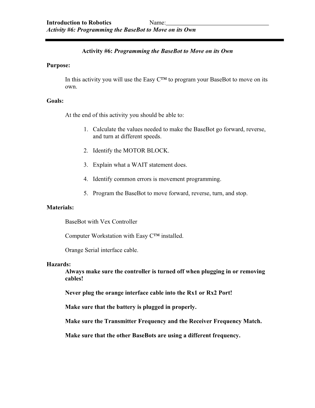 Activity #6: Programming the Basebot to Move on Its Own