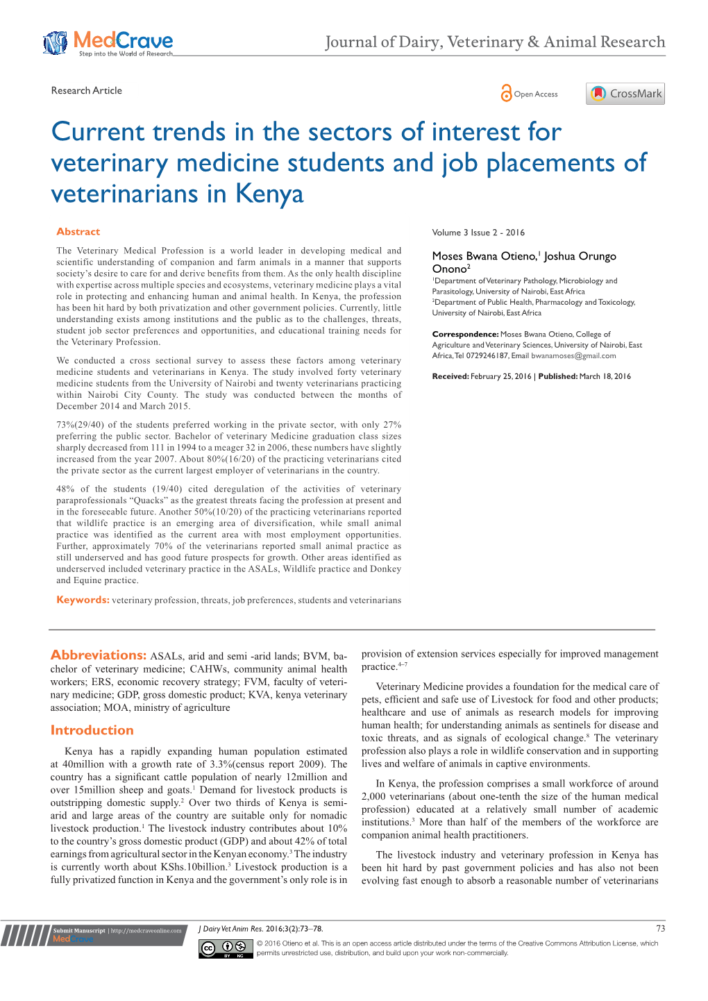 Current Trends in the Sectors of Interest for Veterinary Medicine Students and Job Placements of Veterinarians in Kenya