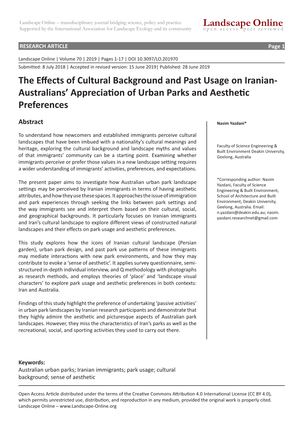 Landscape Online the Effects of Cultural Background and Past Usage on Iranian- Australians' Appreciation of Urban Parks and Ae