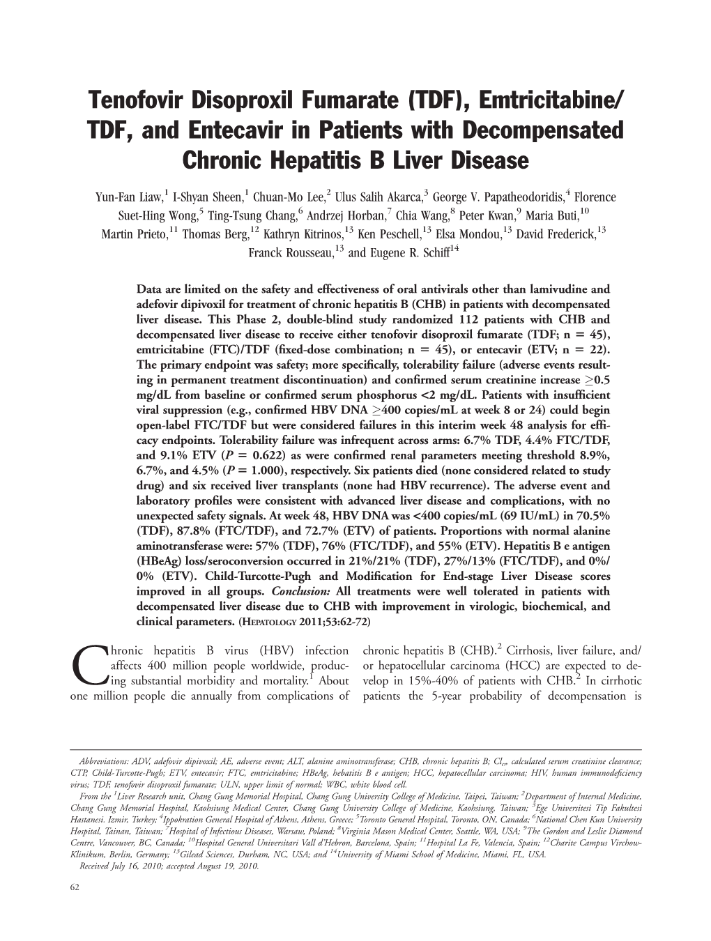 Tenofovir Disoproxil Fumarate (TDF), Emtricitabine/TDF, and Entecavir in Patients with Decompensated Chronic Hepatitis B Liver D