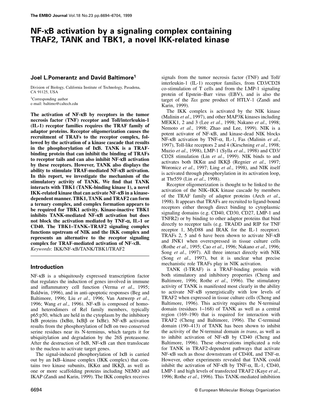 NF-Κb Activation by a Signaling Complex Containing TRAF2, TANK and TBK1, a Novel IKK-Related Kinase