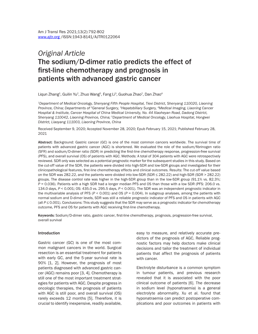 Original Article the Sodium/D-Dimer Ratio Predicts the Effect of First-Line Chemotherapy and Prognosis in Patients with Advanced Gastric Cancer